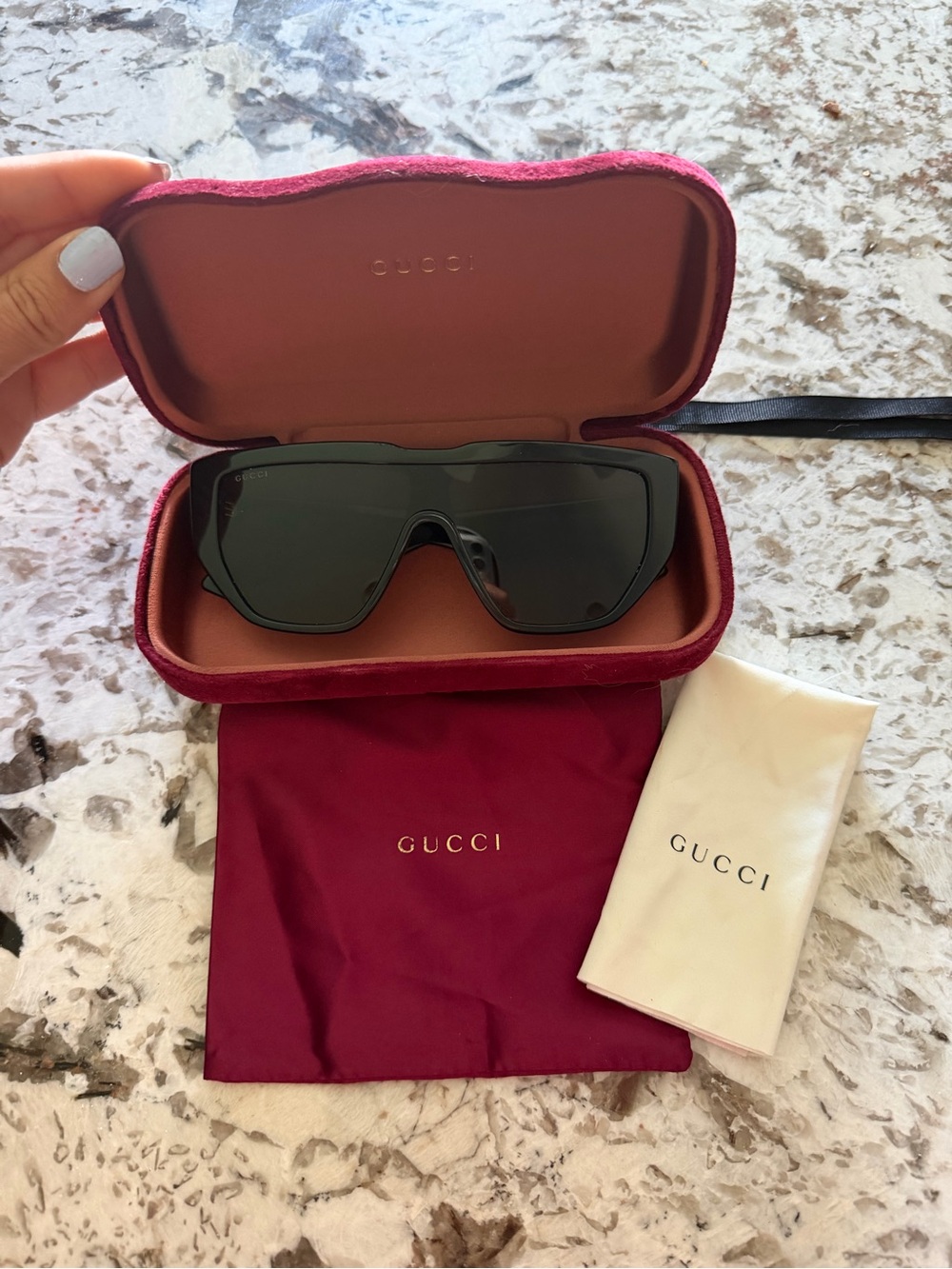Gucci Oversized Shield Sunglasses in Black with Burgundy Case